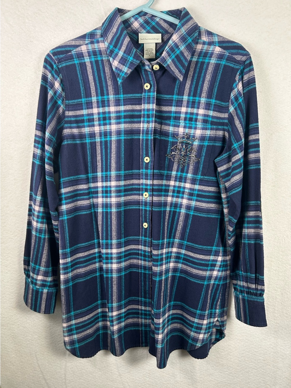 Soft Surroundings Women’s Plaid Flannel Elbow Patch Button Down Shirt Blue Sz M